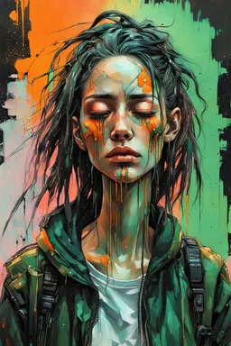 a portrait of a skinny cyberpunk girl with her eyes closed and having a headache, acrylic and tint leak, epic vibrant, wlop : :, raggae art, detailed heavy impasto, dull pastel faded colors of orange and green and black, wavy black streak glitches