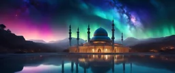 the night sky turned from the galaxy, space, futuristic Islamic Mosque surrounding ethereal space, cosmos,Aurora colors,water, panorama. Palace , Background: An otherworldly planet, bathed in the cold glow of distant stars. gloomy landscape with l dramatic hd highlights detailled