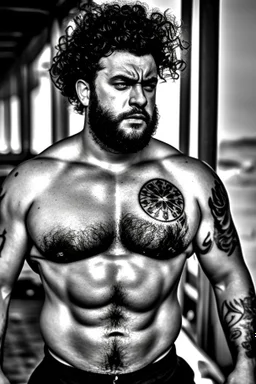 full figure shot photography of a short ugly hefty burly dirty muscular chubby hairy angry man italian 26 years old, curly hair, shirtless, tattoo, manly chest with bulging opened overalls, angry eyes, inside a mechanical workshop under the sun sitting on the hood of a car, open legs, photorealistic, ambient occlusion, side light , frontal view from the floor