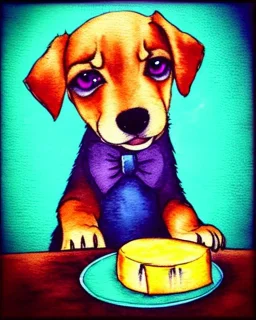 cute puppy eating cheese, art deco, romanticism, watercolor, visual novel, cheerful, furry, sleepy, rembrandt lighting, colorful lighting, blue, teal, aqua, red, purple, yellow, black, detailed, masterpiece