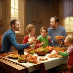 A man with his family at the dining table eating an extremely healthy meal of fresh Whole Foods