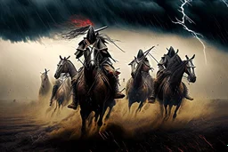 Hun Arrow Crossers on horseback, scorched earth, thunderstorm