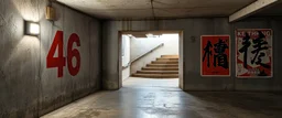 background of wall(wet textured concrete, gray, old, cracked, stained, 1 wall light) from underground parking, hong kong style, a large number "46" painted on left(old faded paint), at middle is an opening into an area with stairway(poorly lit), cyberpunk, to the right of opening is a faded keith haring poster