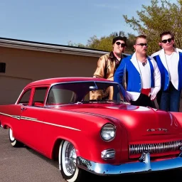 a 50s Greaser BAND standing in front of a hot rod