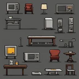 Sprite sheet, furniture, table, chair, television, lamp, toaster, microwave, icons, survival game, gray background, comic book,