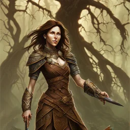 dungeons and dragons, female human, druid, brown hair, brown eyes, full body, realistic face, short hair, hair tied back, large nose, closed mouth, nature armor, face scars, tan skin