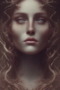 portrait photography of an ethereal beautiful animal goddess, Fire theme art, Dark moody night atmosphere, Portrait of a woman by Michelangelo, 8K, close-up face, anatomically perfect face, oak tree roots, ignore NSFW