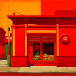 An orangish red spicy noodle restaurant painted by Mark Rothko