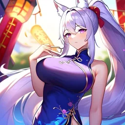 Clear focus, 8k, high quality, detailed, beautiful lighting, fox girl, vibrant colors, white long hair, vibrant purple eyes, chinese clothes, ponytail,