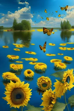 lake of sunflowers in the island of cheese and butterfly