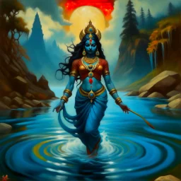 An oil painting of goddess Kali crossing a lake