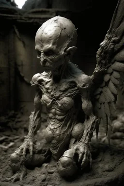 sculpture of a baby with wings. decayed and rotting with grotesque proportions and imagery. abstract grotesqueries, detailed texture, surreal horror, biomechanical design, by hr giger and beksinski