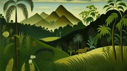 A jungle near a mountain with Petroglyphs painted by Henri Rousseau