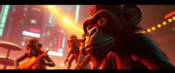 scene from gorillaz music video, 3D anime cinematic, Maciej Kuciara – cinematic sci-fi concept art. stylized 3D anime, airbrush painting, cinematic depth of field, motion blurred background, glowing rim light, crisp black line art, vibrant colors