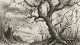 sketch lines, A dark, moody landscape with twisted, bare tree branches reaching up against a cloudy, hazy sky. The ground is covered in fallen leaves or debris, creating a somber, atmospheric scene, pencil drawing