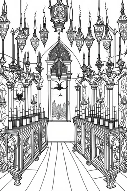 A vampire's lair with coffins, candles, and bats hanging from the ceiling.. Outline, sketch style, only use outline, mandala style, clean line art, white background, no shadows, no clear wall, coloring page.