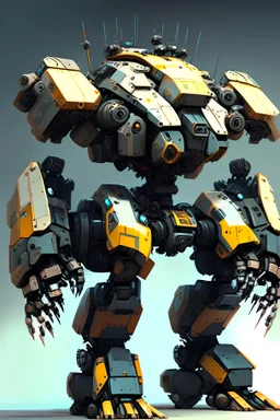 mech robot with large weapons on top with hexagonal bases