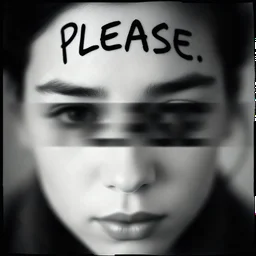 grunge blurred face, it is written 'PLEASE' on her forehead, in the style of Henri Cartier-Bresson