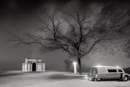 Creepy mausoleum at night, trees, hearse car