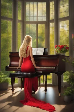 A hyper-realistic , an mysterious woman in all red dress, with very long blonde hair , playing piano in the living room of a huge mansion near a window showing a beautiful garden outside, vibrant colors,, 64K, hyperrealistic, vivid colors, (glow effects:1.2) , 4K ultra detail, , real photo