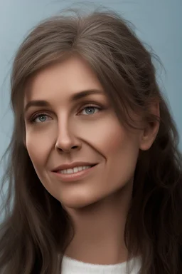 realistic, (44yr old female)without makeup, Caucasian face, studio lighting, cinematic light, beautiful woman, dark blond middle hair, no smile, (head frame), on light background, curiously complete, elegant, close to perfection, dynamic, highly detailed, non-symmetrical body a, detailed natural oily hair and skin texture.