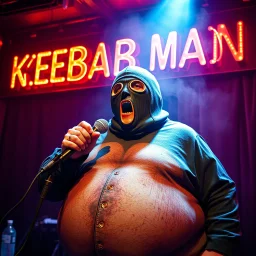 a very fat swedish man, with a skimask with only a hole for the mouth (no eyes), he is called "KEBAB MAN" performing at death metal club, his name is "KEBAB MAN" kebab rolls On stage, kebab Neon lights and smog, and "KEBAB MAN" big sign on the wall, he singing with mic, text in swedish! no translate mr. stable ai, text in swedish! no translate mr. stable ai, text in swedish! no translate mr. stable ai