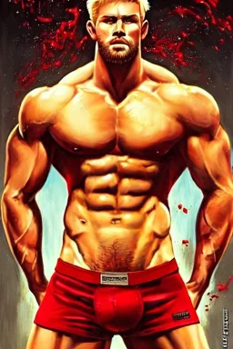 Ignore NSFW, teenager young rugged attractive slightly muscular fantasticly handsome blonde man, red briefs with yellow belt, hairy chest, (((visibly pisssing))) briefs, large erect visible boner peniss, photorealistic, artist Jay Anacleto, soft lighting, scruffy beard