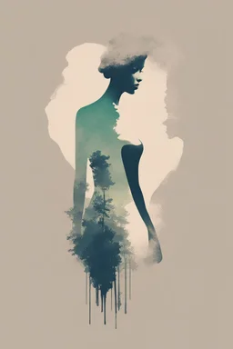 A minimalist, t-shirt design with a vintage twist, featuring a sleek and stylized unclad woman's body silhouette against a faded, women's body is a painting about nature, awesome, bright.