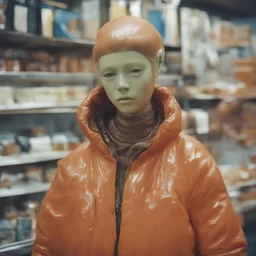 A plastic fécale mannequin in a shop, autochrome, orange plastic puffy jacket