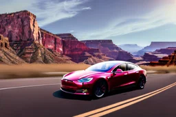 A Tesla 'Model Y' is going at a high speed, in the 'Grand Canyon National Park'. (CINEMATIC, WIDE ANGLE LENS, PHOTO REAL)