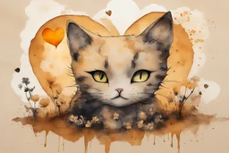 good night picture in ochre, double exposure, merged layers, burned burlap, cute chibi anime cat, beautiful surrealistic composition, melting watercolor and black ink on wet paper in sunshine, flowers, heart and love, ethereal, cinematic postprocessing