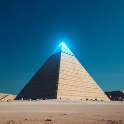 A hyper-realistic, A pyramid with a blue glow above the azure sky. the top is gold., Photo Real, HOF, full size, practicality,manufacturability,performance, (((realism, realistic, realphoto, photography, portrait, realistic, elegant, charming, apocalyptic environment, professional photographer, captured with professional DSLR camera, trending on Artstation, 64k, ultra detailed, ultra accurate detailed, bokeh lighting, surrealism,