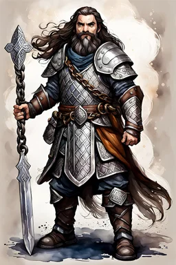 create a full body male fantasy Pathfinder Dwarf fighter RPG full body character illustration with highly detailed facial features long hair, arms held out wide apart, wearing chain mail in the art style of Wayne Reynolds, ink wash and watercolor, 8k, ArtStation, DeviantArt