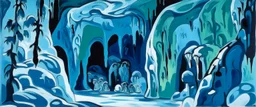 Cyan snowfields with a mystical cave designed in Heidrun manuscripts painted by Henri Matisse