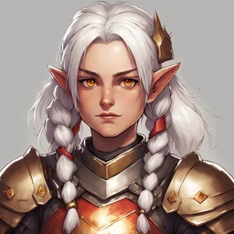 Robin Female (adult) with white hair done up in pigtails and golden eyes a small smile on his face, wearing Champion's Refuge armor which is heavy armor that is gold and bronze with a bit of rust red and a red and bronze spiked helm, in illustrative art style