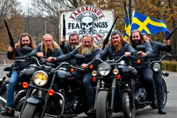 a very hard and tuff motorcycle young gang with viking hair, not old, posing with their Harley Davidsson bikes, some of them holding guns and shotguns, a logo sign with Falköpings HD Club, "Fearless sinners" Skulls and bones, skeletons and fire, Sweden vikings DEMONS, Swedish flags on bikes