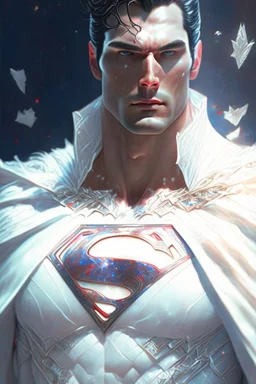 The epic portrait of Superman, dressed in white attire and adorned with gorgeous and surreal intricate details , wide-angle view , Half body composition , shinycinematic , artstation