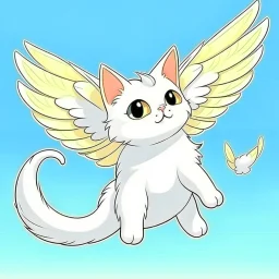 a white cute cat with wings flying in the sky