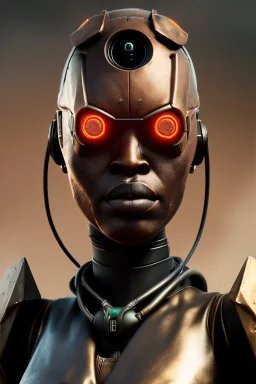 portrait,beautiful african robot, post-apocalyptic in a cyberpunk city, realistic, intriacte detail, sci-fi fantasy style, volumetric lighting, particales,highly detailed,cinamatic, deep colours,8k