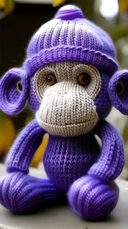 big purple monkey with warm hat on