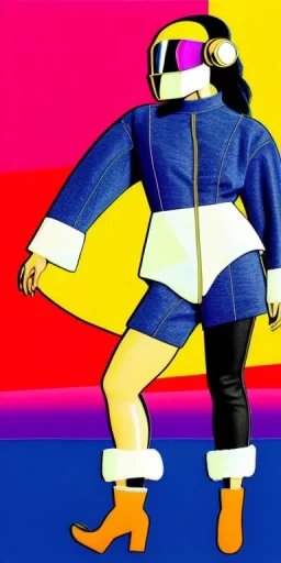 Asa Akira, thick thigh, thick calves. Bar at right showing Fashion colors in 2023. Style futurism, 1996, daft punk around the world,details,.Mantle is sewed of recycled Denim and sewed together felt pieces.Big headphones, with gold rings, is merged with small felt cap with small visor. A bag is integrated to the mantle. Big camouflage Patterns are composed of orange, cream, blue, lilac and purple. LATEX (blue). It is with big bright purple felt tippet and cream-colored-hood. tippet, Apricot Crus