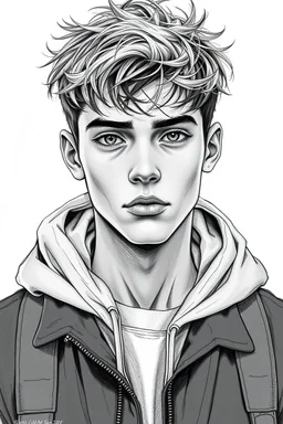 detailed manual graphic art style, youth man portrait, teenager, high detailed face, solitary vibe, modern clothes, short messy hair , atmospheric, detailed linework, highly detailed drawing, modern vibe, artwork, grayscale, no photorealism
