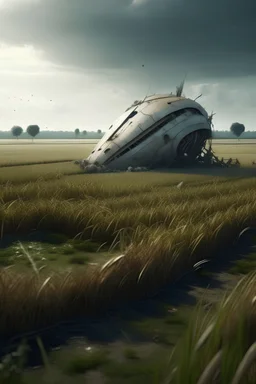 a small spaceship crashed in a rice field in the distance