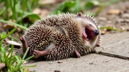The hedgehog lies on its back and laughs,