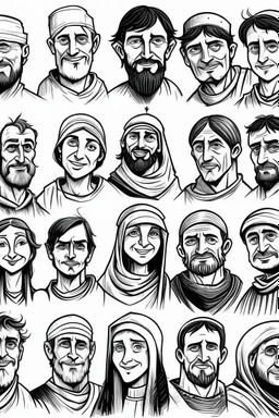 diferent medieval people with diferent expressions, some dramatic, somo happy. the style is minimal black and white stamp. in the sheet there are more than 5. very diverse court memebers and everyday people. man, woman, kids. white background