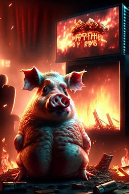 fire font realistic gamer pig watching movie about mushrooms cinema in the background