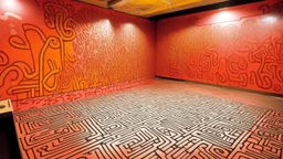 A light rosy orange colored underground covered in magma painted by Keith Haring