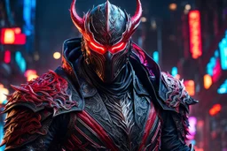 Carnage in 8k bloodborn artstyle, ronin costum, galaxy mask, cover face, dynamic pose, oshare kei, hurufiyya, rtx , neon lights, intricate details, highly detailed, high details, detailed portrait, masterpiece,ultra detailed, ultra quality