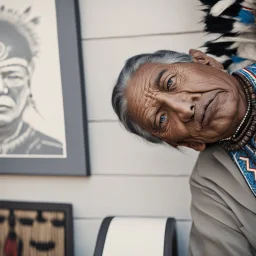 A highly detailed portrait black and white photograph captures an American Indian elder tribal leader in a hyperrealistic manner. The chief wears striking blue-on-red tribal panther makeup, facing forward with a strong gaze. The intricate texture of his skin and his intense expression are emphasized. Shot with a 50mm f2 lens on a GFX100 camera, the image features dramatic front lighting, creating a distinctive look. Aspect ratio: 2:3. Quality: 2.