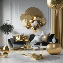 A picture of a modern living room with gold party decoration